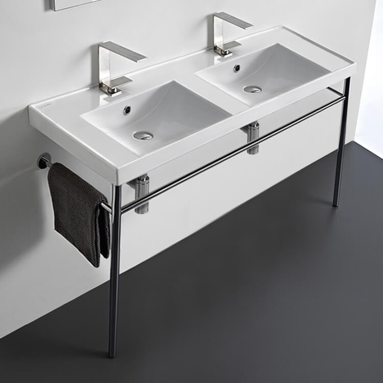 Scarabeo 3006-CON-Two Hole Double Basin Ceramic Console Sink and Polished Chrome Stand, 48 Inch